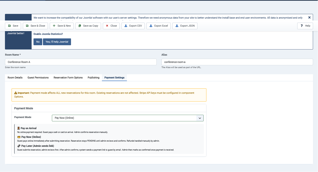 Room edit — Payment Settings tab